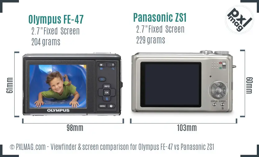 Olympus FE-47 vs Panasonic ZS1 Screen and Viewfinder comparison