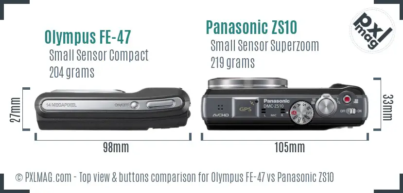 Olympus FE-47 vs Panasonic ZS10 top view buttons comparison
