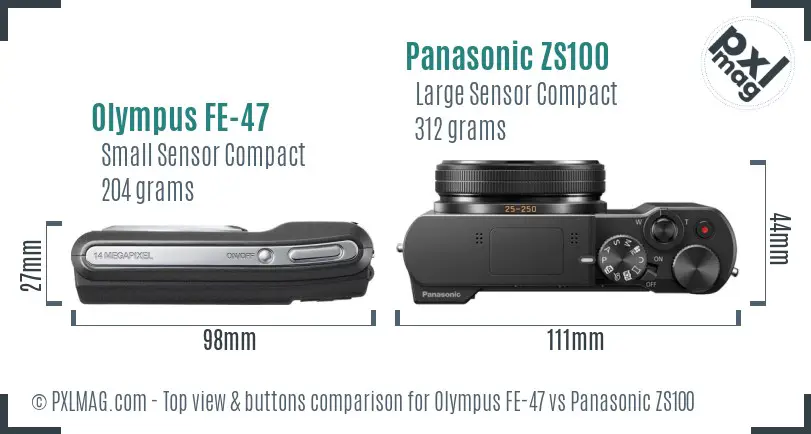 Olympus FE-47 vs Panasonic ZS100 top view buttons comparison