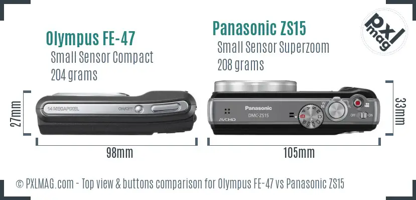 Olympus FE-47 vs Panasonic ZS15 top view buttons comparison