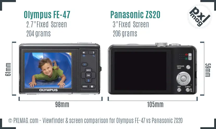 Olympus FE-47 vs Panasonic ZS20 Screen and Viewfinder comparison