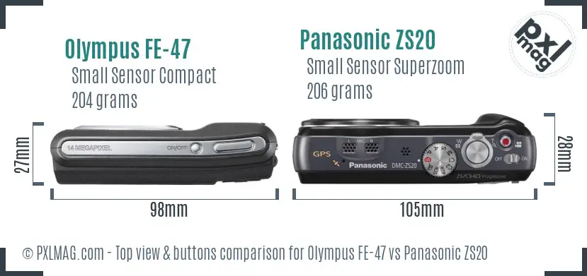 Olympus FE-47 vs Panasonic ZS20 top view buttons comparison