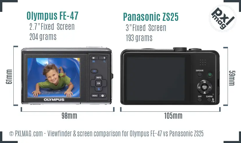 Olympus FE-47 vs Panasonic ZS25 Screen and Viewfinder comparison
