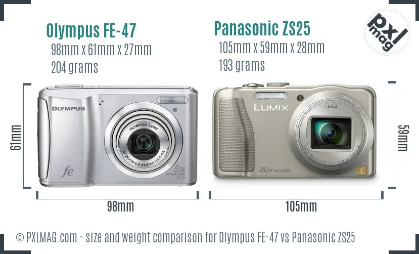 Olympus FE-47 vs Panasonic ZS25 size comparison