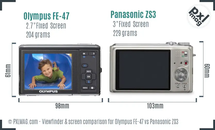 Olympus FE-47 vs Panasonic ZS3 Screen and Viewfinder comparison