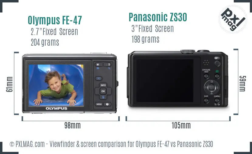 Olympus FE-47 vs Panasonic ZS30 Screen and Viewfinder comparison
