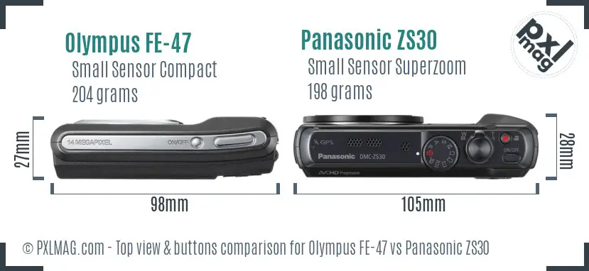 Olympus FE-47 vs Panasonic ZS30 top view buttons comparison