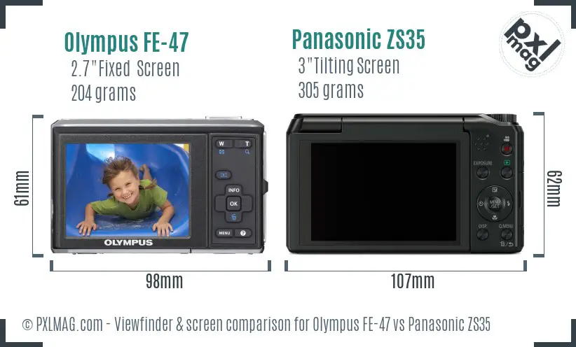 Olympus FE-47 vs Panasonic ZS35 Screen and Viewfinder comparison