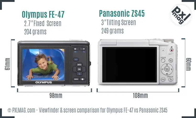 Olympus FE-47 vs Panasonic ZS45 Screen and Viewfinder comparison