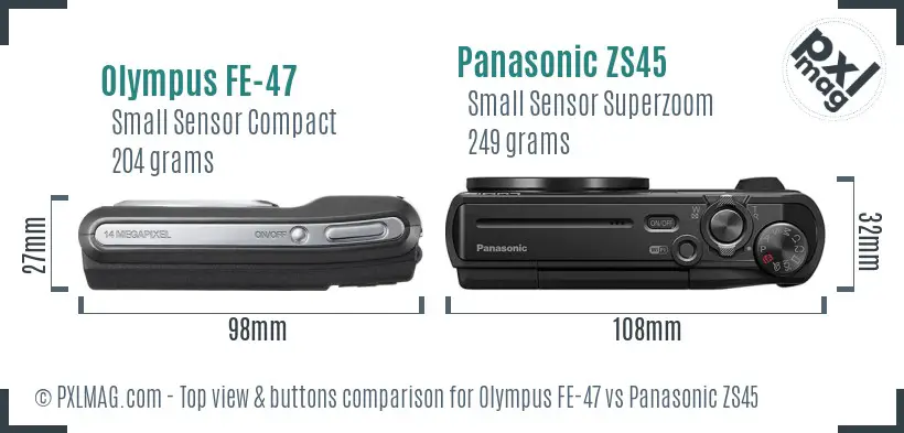 Olympus FE-47 vs Panasonic ZS45 top view buttons comparison