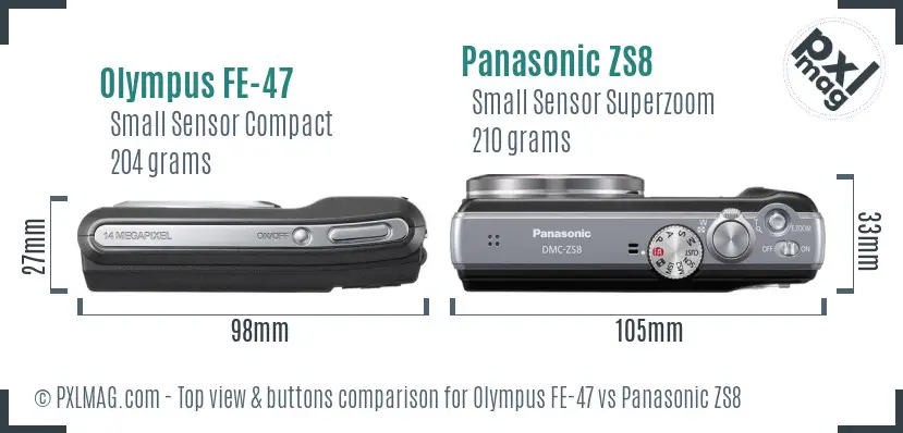 Olympus FE-47 vs Panasonic ZS8 top view buttons comparison
