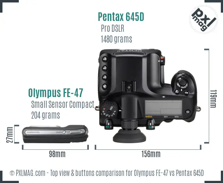 Olympus FE-47 vs Pentax 645D top view buttons comparison