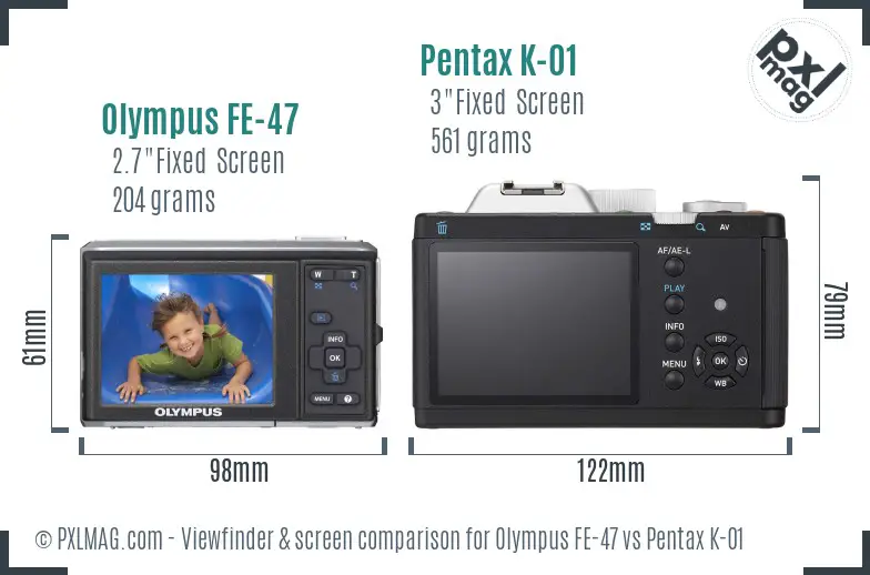 Olympus FE-47 vs Pentax K-01 Screen and Viewfinder comparison