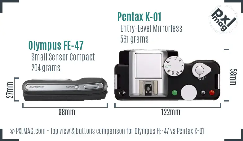 Olympus FE-47 vs Pentax K-01 top view buttons comparison