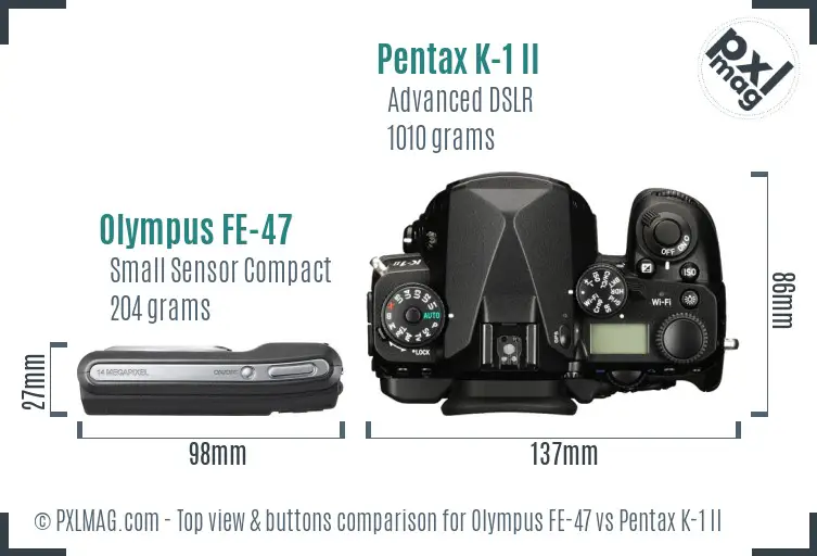Olympus FE-47 vs Pentax K-1 II top view buttons comparison