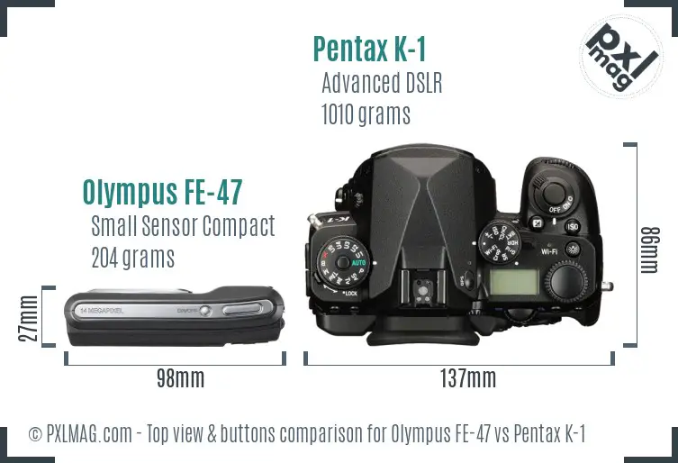 Olympus FE-47 vs Pentax K-1 top view buttons comparison