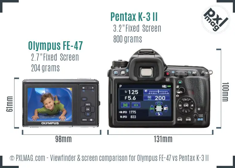 Olympus FE-47 vs Pentax K-3 II Screen and Viewfinder comparison