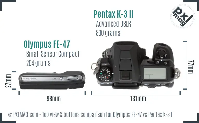 Olympus FE-47 vs Pentax K-3 II top view buttons comparison