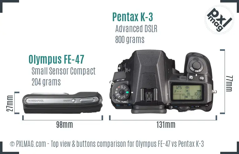 Olympus FE-47 vs Pentax K-3 top view buttons comparison