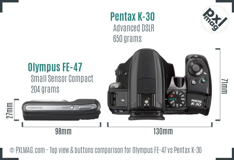 Olympus FE-47 vs Pentax K-30 top view buttons comparison