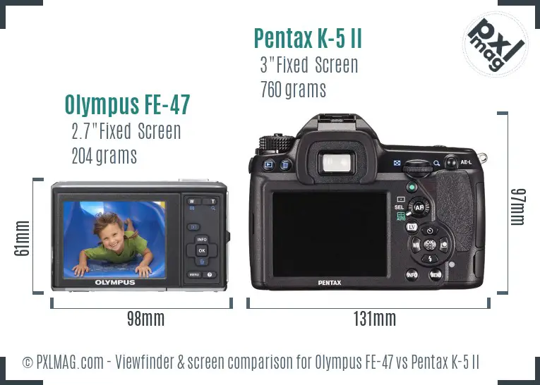 Olympus FE-47 vs Pentax K-5 II Screen and Viewfinder comparison