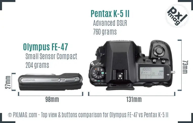 Olympus FE-47 vs Pentax K-5 II top view buttons comparison