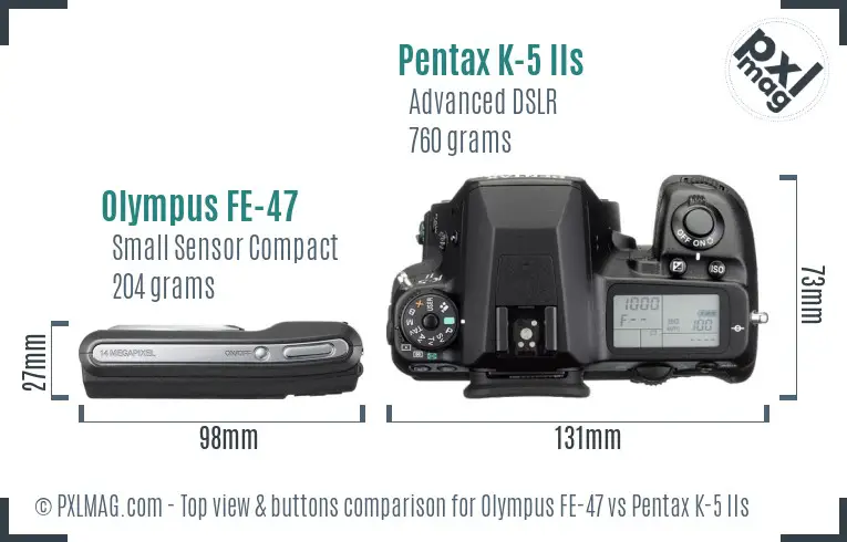 Olympus FE-47 vs Pentax K-5 IIs top view buttons comparison