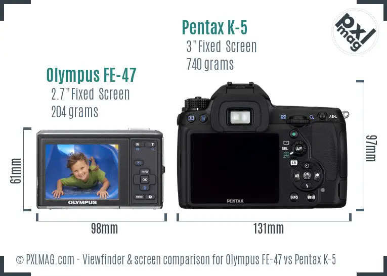 Olympus FE-47 vs Pentax K-5 Screen and Viewfinder comparison