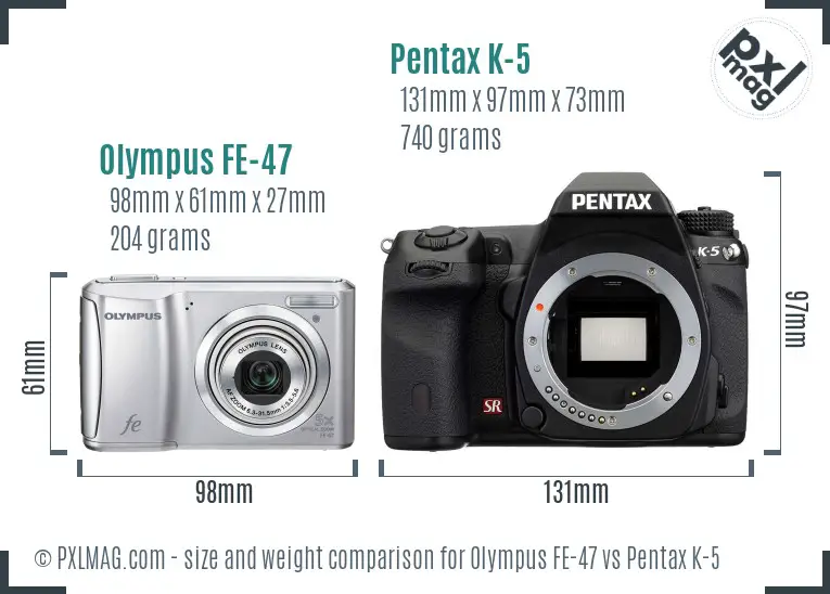Olympus FE-47 vs Pentax K-5 size comparison