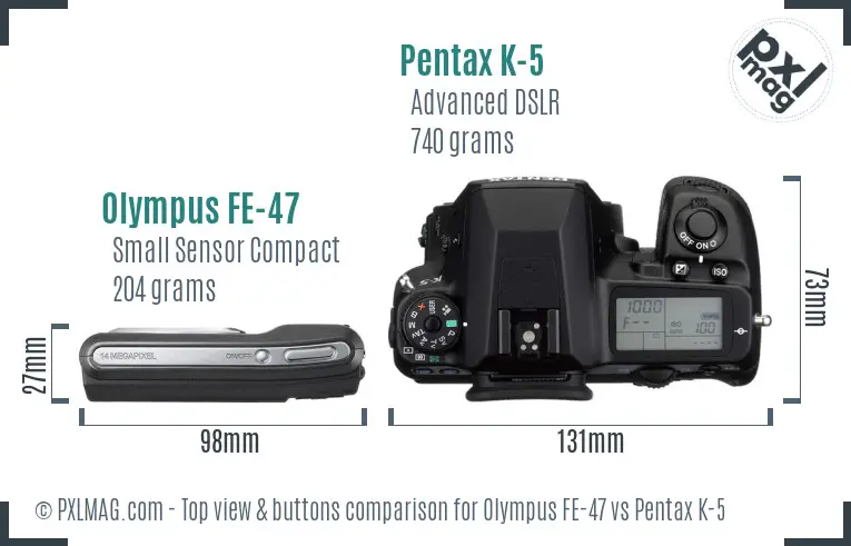 Olympus FE-47 vs Pentax K-5 top view buttons comparison