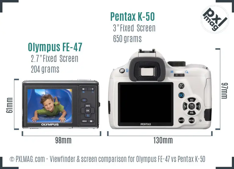 Olympus FE-47 vs Pentax K-50 Screen and Viewfinder comparison