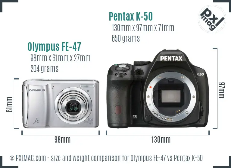 Olympus FE-47 vs Pentax K-50 size comparison