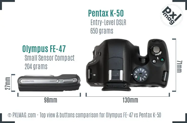 Olympus FE-47 vs Pentax K-50 top view buttons comparison