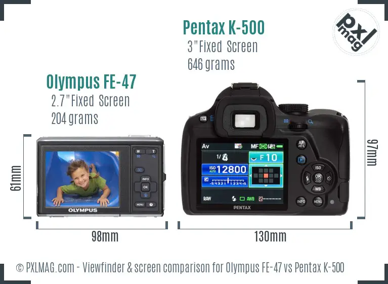 Olympus FE-47 vs Pentax K-500 Screen and Viewfinder comparison