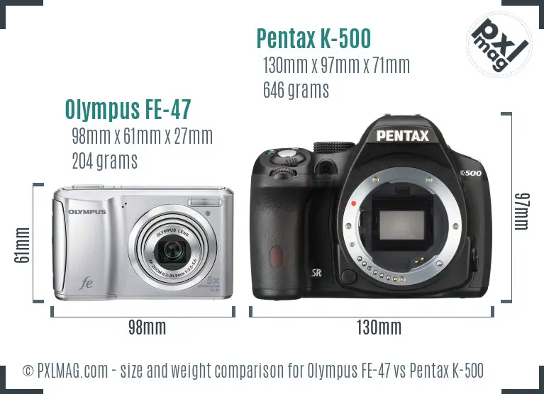 Olympus FE-47 vs Pentax K-500 size comparison