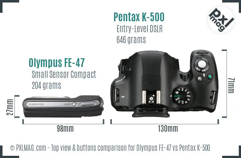 Olympus FE-47 vs Pentax K-500 top view buttons comparison