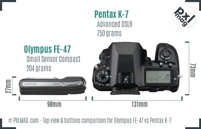 Olympus FE-47 vs Pentax K-7 top view buttons comparison