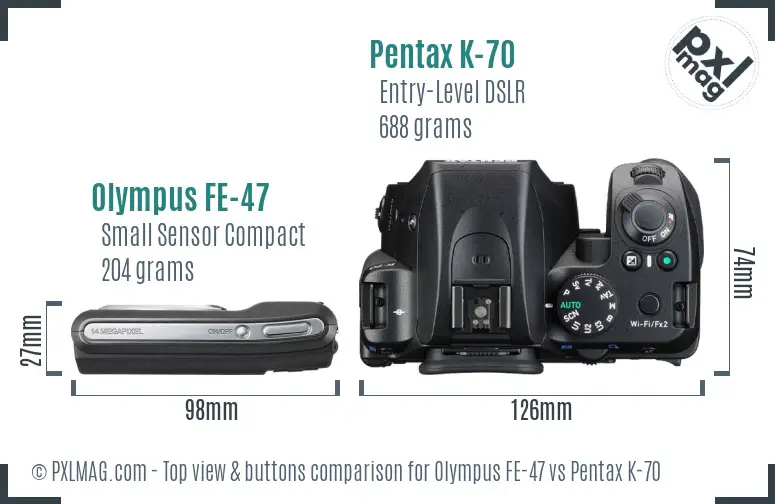 Olympus FE-47 vs Pentax K-70 top view buttons comparison