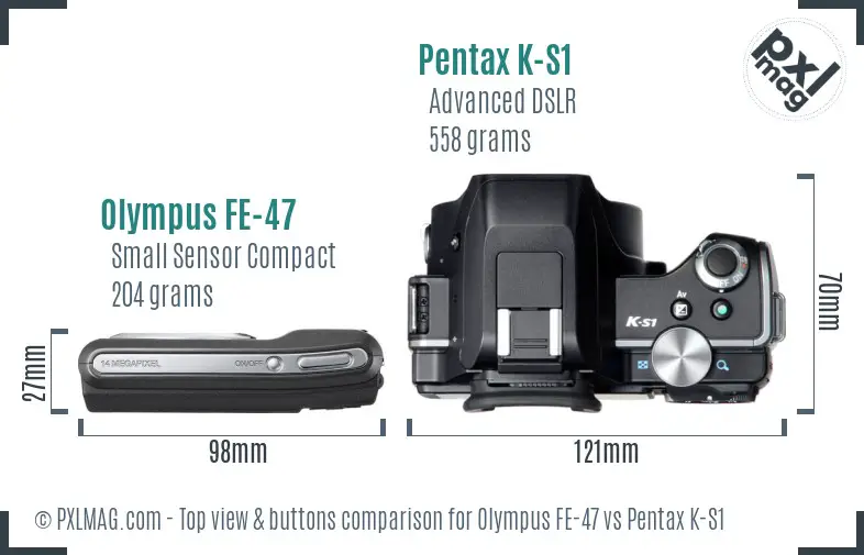 Olympus FE-47 vs Pentax K-S1 top view buttons comparison
