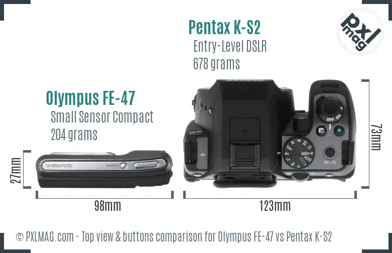 Olympus FE-47 vs Pentax K-S2 top view buttons comparison