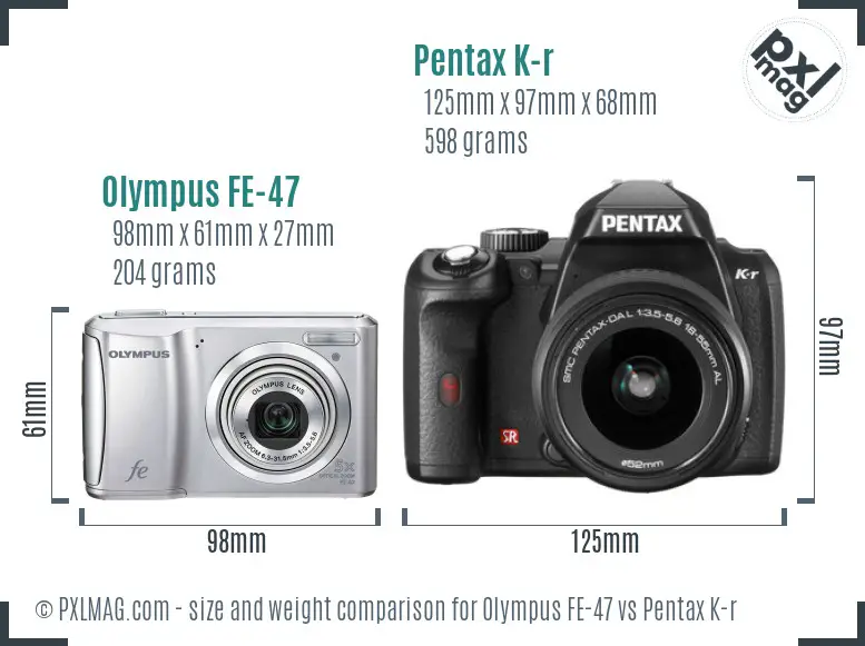 Olympus FE-47 vs Pentax K-r size comparison