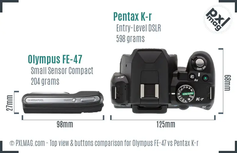 Olympus FE-47 vs Pentax K-r top view buttons comparison