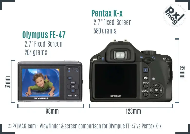 Olympus FE-47 vs Pentax K-x Screen and Viewfinder comparison