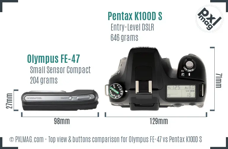 Olympus FE-47 vs Pentax K100D S top view buttons comparison