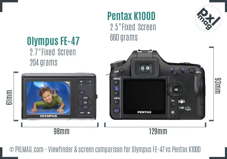 Olympus FE-47 vs Pentax K100D Screen and Viewfinder comparison