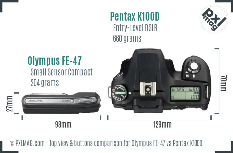 Olympus FE-47 vs Pentax K100D top view buttons comparison