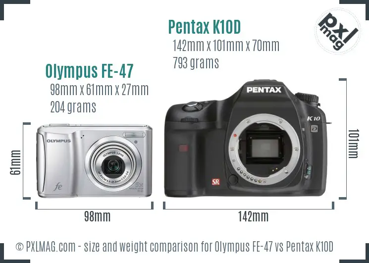 Olympus FE-47 vs Pentax K10D size comparison