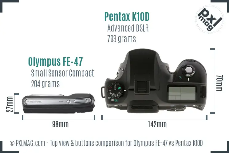 Olympus FE-47 vs Pentax K10D top view buttons comparison