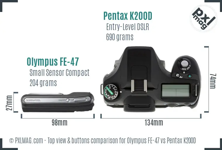 Olympus FE-47 vs Pentax K200D top view buttons comparison