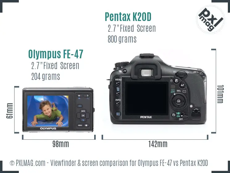 Olympus FE-47 vs Pentax K20D Screen and Viewfinder comparison